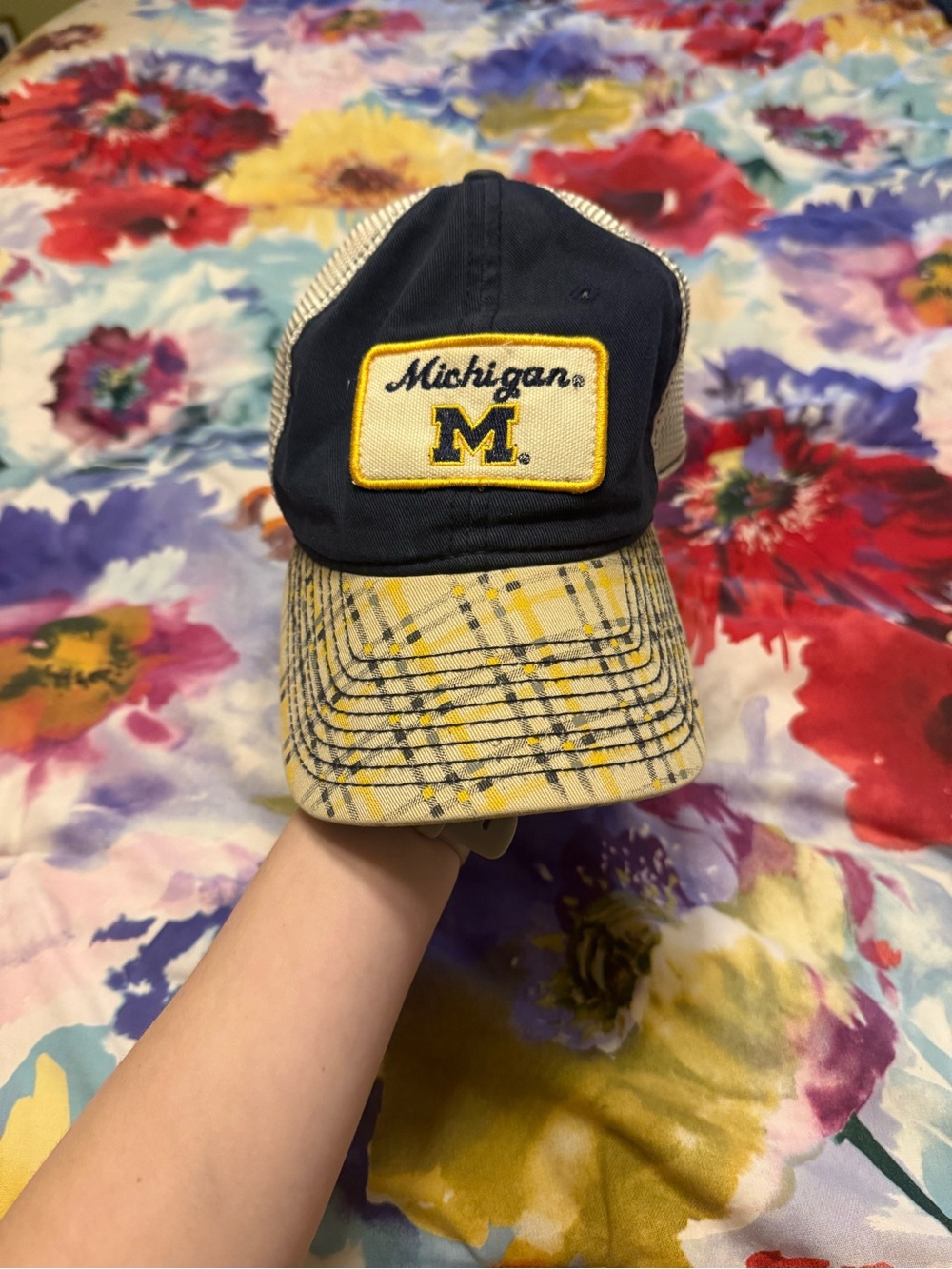 Michigan Trucker Hat in Navy and Yellow with Plaid Brim